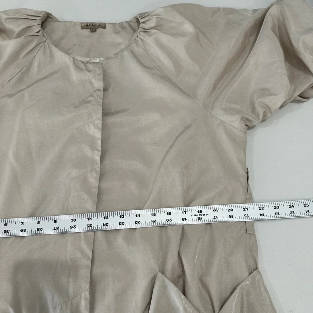 Gracia Champagne Satin Jacket Womens L Balloon Sleeve Bow Pocket Coquette Blouse